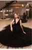 Sexy Black Cascading Ruffles Prom Dresses 2022 A-Line / Princess V-Neck Sleeveless Backless Floor-Length / Long Prom Formal Dresses