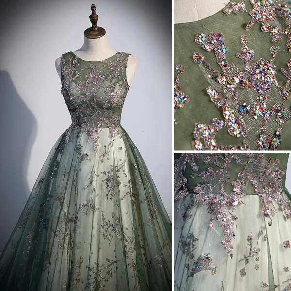 Bling Bling Dark Green Multi-Colors Sequins Prom Dresses 2022 Ball Gown Scoop Neck Sleeveless Backless Floor-Length / Long Prom Formal Dresses