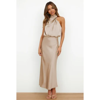 Fashion Beige Street Wear Holiday Women Dresses 2023 High Neck Tea Length Womens Clothing