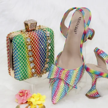 Charming Multi Colors Rainbow Rhinestone Bow Womens Sandals Clutch Bags 2023 8 Cm Stiletto Heels Evening Party Pointed Toe Sandals High Heels Clutch Bags