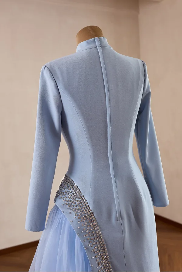 Musulmane Bleu Ciel Faux Diamant Robe De Bal 2026 Trompette / Sirène Col Haut Manches Longues Train De Balayage Robe De Ceremonie