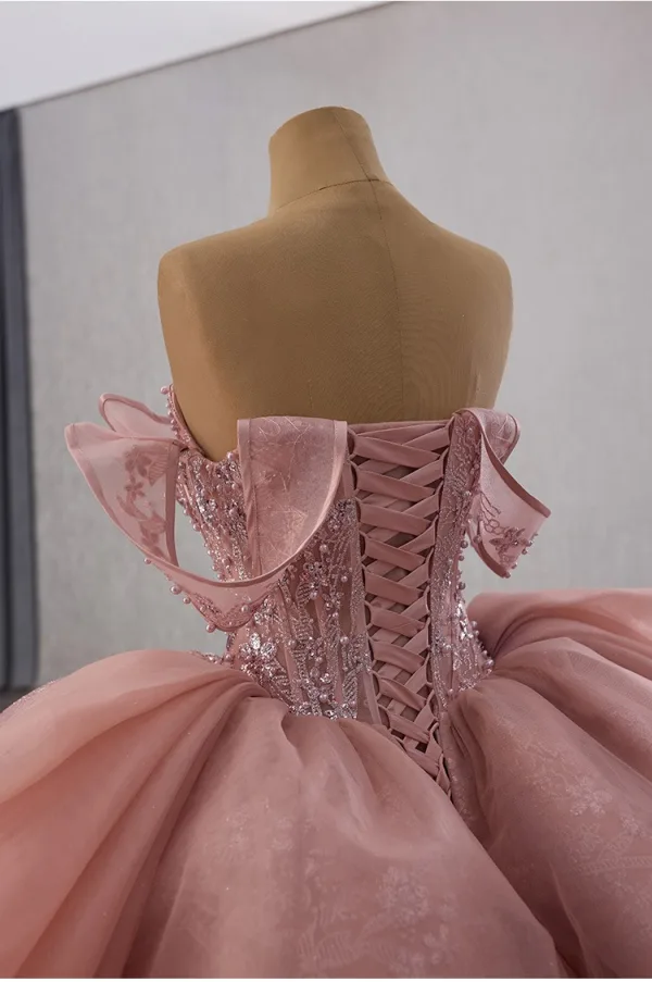 Luxus / Herrlich Rosa Handgefertigt Perlenstickerei Pailletten Perle Ballkleider 2025 Ballkleid Bandeau Ärmellos Rückenfreies Königliche Schleppe Festliche Kleider