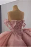Luxus / Herrlich Rosa Handgefertigt Perlenstickerei Pailletten Perle Ballkleider 2025 Ballkleid Bandeau Ärmellos Rückenfreies Königliche Schleppe Festliche Kleider