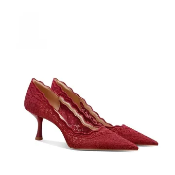 Eleganta Röd Spets Blomma Läder Brudskor 2026 6 Cm Stilettklackar Spetsiga Bröllop Pumps