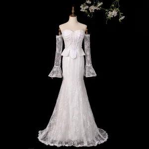 Vintage Retro High End White Pearl Lace Flower Wedding Dresses 2026 Trumpet Mermaid Strapless Sleeveless Backless Sweep Train Wedding