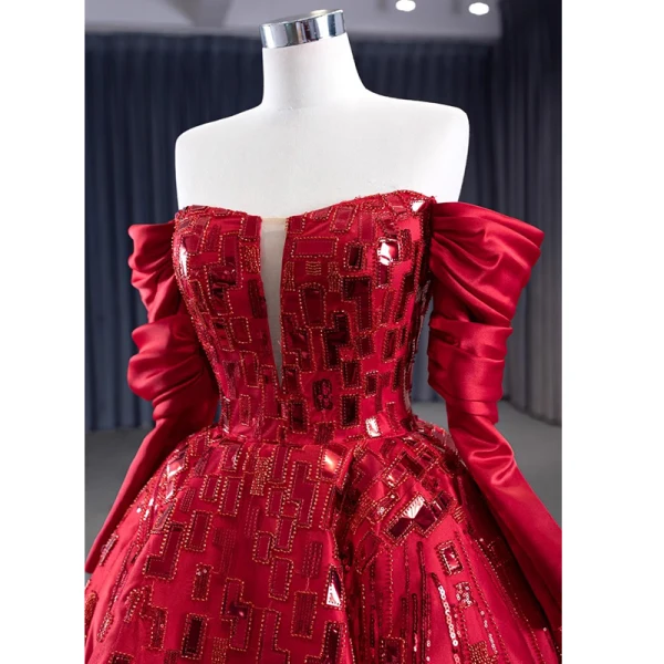 High-end Fashion Red Beading Sequins Prom Dresses 2023 Ball Gown Off-The-Shoulder 3/4 Sleeve Backless Sweep Train Formal Dresses