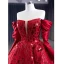 High-end Fashion Red Beading Sequins Prom Dresses 2023 Ball Gown Off-The-Shoulder 3/4 Sleeve Backless Sweep Train Formal Dresses