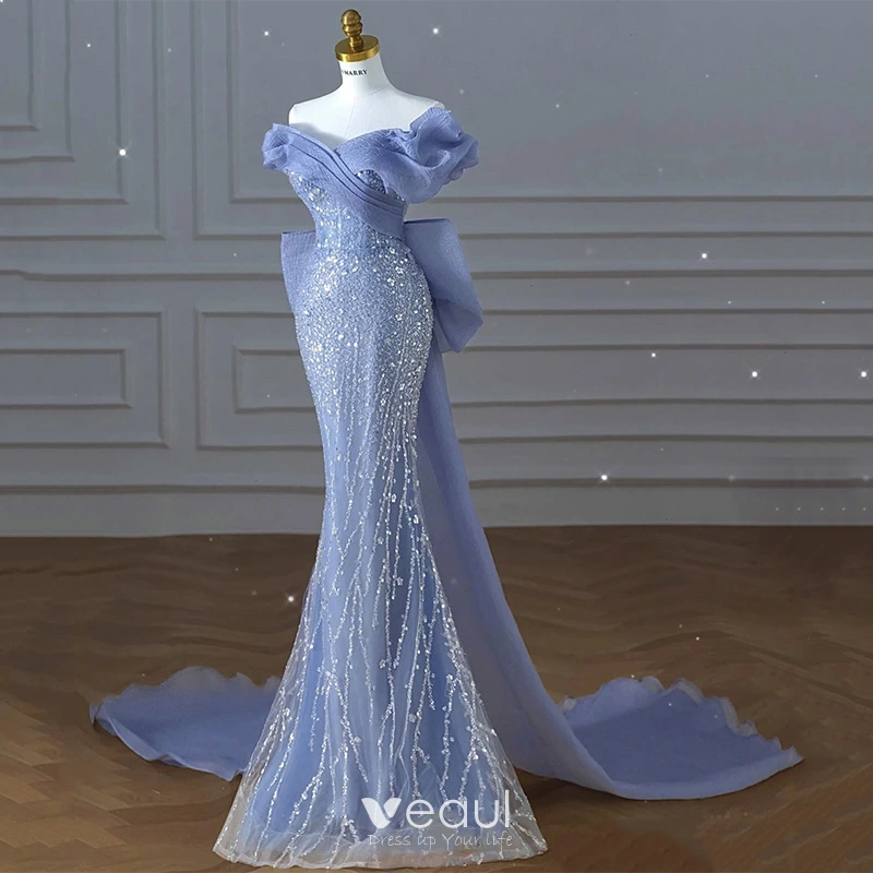 Sequin Beading Silver Trumpet Mermaid Prom Dress With Sleeves