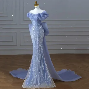 Fashion Charming Sky Blue Beading Sequins Evening Dresses 2023 Trumpet Mermaid Off The Shoulder Short Sleeve Backless Bow Sweep Train Evening Party Formal Dresses