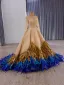Luxus / Herrlich High End Gold Handgefertigt Perlenstickerei Perle Pailletten Multifarben Feder Ballkleider 2025 Ballkleid Rundhalsausschnitt Lange Ärmel Kapelle-Schleppe Ball