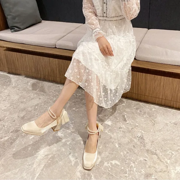 Vintage / Retro Beige Street Wear Womens Shoes 2022 Pearl Ankle Strap Bow 5 cm Thick Heels Square Toe Pumps High Heels