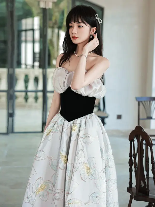 Charming Grey Floral Evening Dresses 2022 A-Line / Princess Off-The-Shoulder Sleeveless Backless Floor-Length / Long Evening Party Formal Dresses