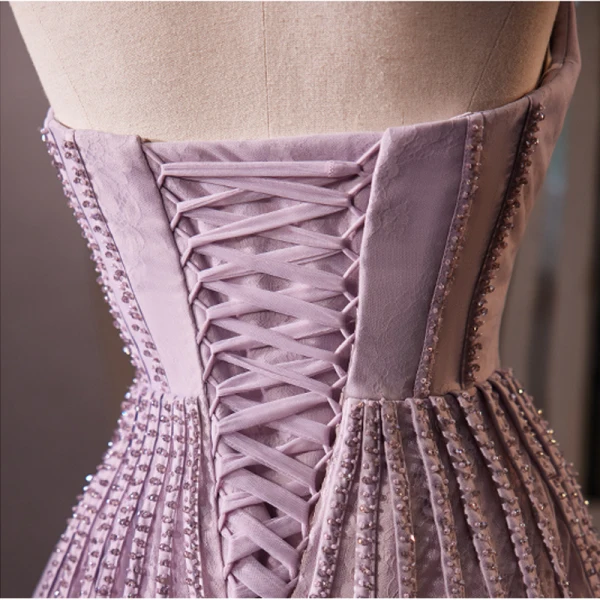 Elegant Lavender Beading Cascading Ruffles Prom Dresses 2023 A-Line / Princess Strapless Sleeveless Backless Floor-Length / Long Prom Formal Dresses