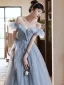 Chic / Beautiful Sky Blue Sequins Prom Dresses 2022 A-Line / Princess Off-The-Shoulder Short Sleeve Backless Floor-Length / Long Formal Dresses