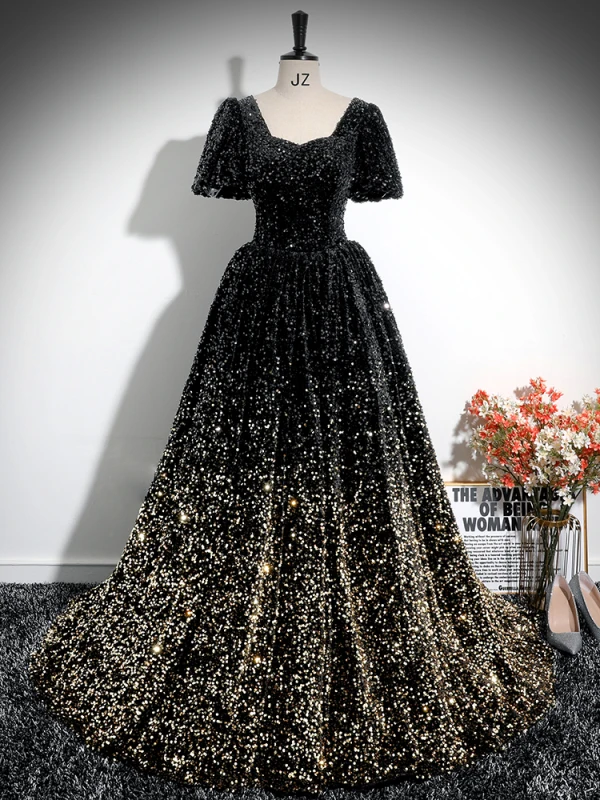 Sparkly Black Sequins Prom Dresses 2024 Ball Gown Square Neckline Short Sleeve Backless