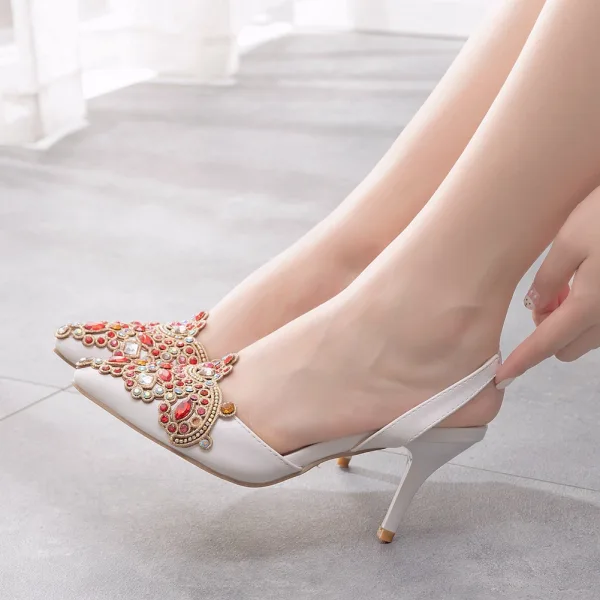 Charming Multi-Colors Rhinestone White Wedding Shoes 2022 7 cm Stiletto Heels Pointed Toe Wedding High Heels