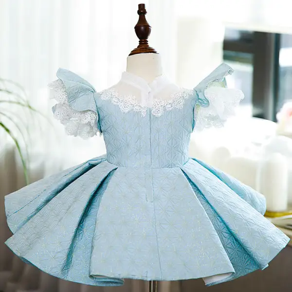 Chic / Beautiful Sky Blue Lace Flower Birthday Flower Girl Dresses 2022 Ball Gown High Neck Puffy Short Sleeve Short Flower Girl Dresses