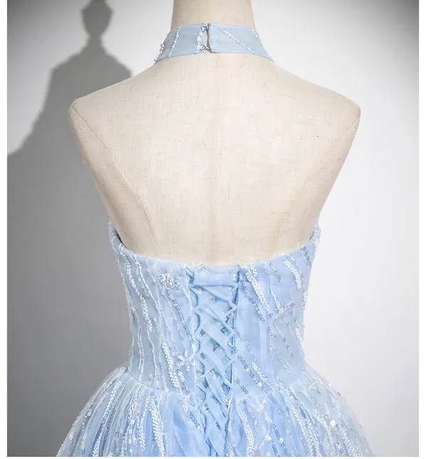 Sexy Sky Blue Beading Sequins Prom Dresses 2025 A-Line / Princess Halter Sleeveless Backless Sweep Train Formal Dresses