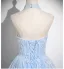 Sexy Sky Blue Beading Sequins Prom Dresses 2025 A-Line / Princess Halter Sleeveless Backless Sweep Train Formal Dresses