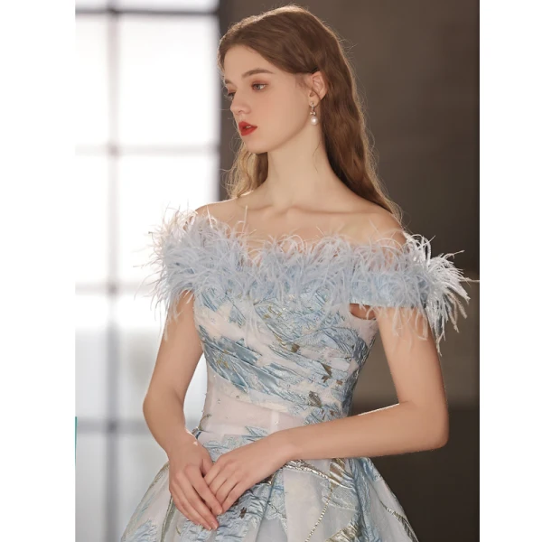 Chic / Beautiful Sky Blue Pearl Prom Dresses 2023 A-Line / Princess Off-The-Shoulder Tassel Sleeveless Backless Floor-Length / Long Prom Formal Dresses