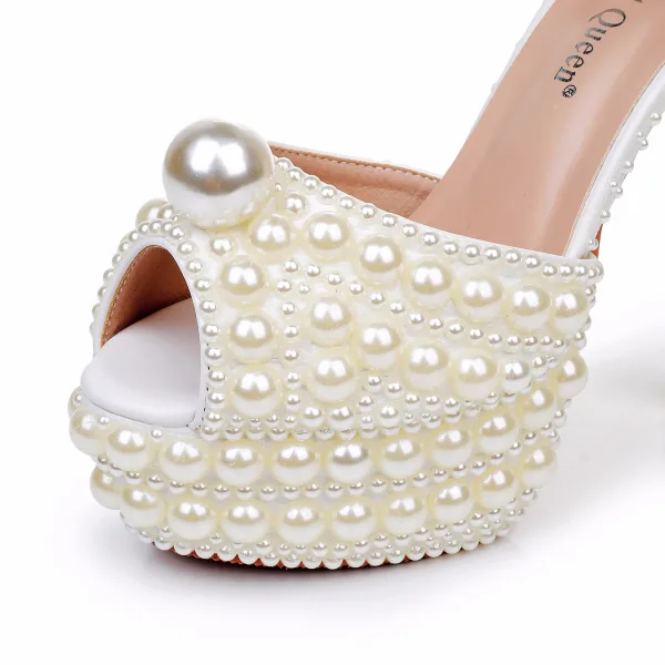 Elegant Beige Pearl Wedding Shoes 2024 14 cm Stiletto Heels Open / Peep Toe Wedding Sandals High Heels