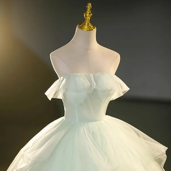 Chic / Belle Vert Cendré Volants en Cascade Robe De Bal 2023 Robe Boule Bustier Sans Manches Dos Nu Longue Promo Robe De Ceremonie