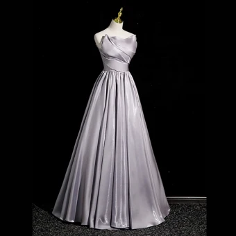 Modest Simple Grey Satin Evening Dresses 2023 A Line Princess Strapless Sleeveless Backless Floor Length Long Evening Party Formal Dresses
