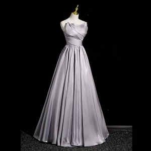 Sencillos Gris Satén Vestidos De Noche 2023 A Line Princess Sin Tirantes Sin Mangas Sin Espalda Largos Noche Vestidos Formales