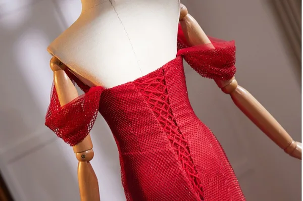Unusual Red Evening Dresses 2025 Trumpet / Mermaid Off-The-Shoulder Short Sleeve Backless Court Train Evening Party Formal Dresses