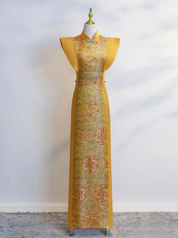 Chinese style Yellow Evening Party Floor-Length / Long Cheongsam 2025 Trumpet / Mermaid High Neck Sleeveless