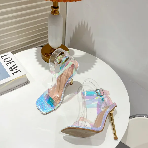 Sexy Été Transparente Laser Soirée Sandales Femme Talons Hauts 2022 11 cm Talons Aiguilles Bride Cheville Peep Toes / Bout Ouvert Sandales Femme