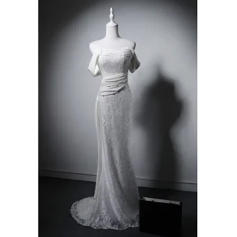 Sexy White Pearl Lace Flower Wedding Dresses 2025 Trumpet Mermaid Off The Shoulder Short Sleeve Backless Sweep Train Wedding