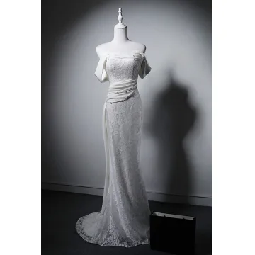 Sexy White Pearl Lace Flower Wedding Dresses 2025 Trumpet Mermaid Off The Shoulder Short Sleeve Backless Sweep Train Wedding