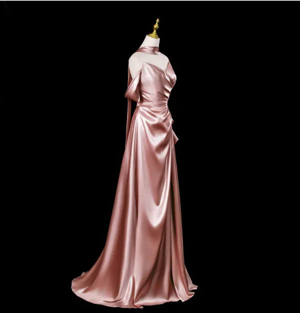 Sexy Rose Gold Satin Evening Dresses 2025 A-Line / Princess Strapless Sleeveless Backless Sweep Train Evening Party Formal Dresses
