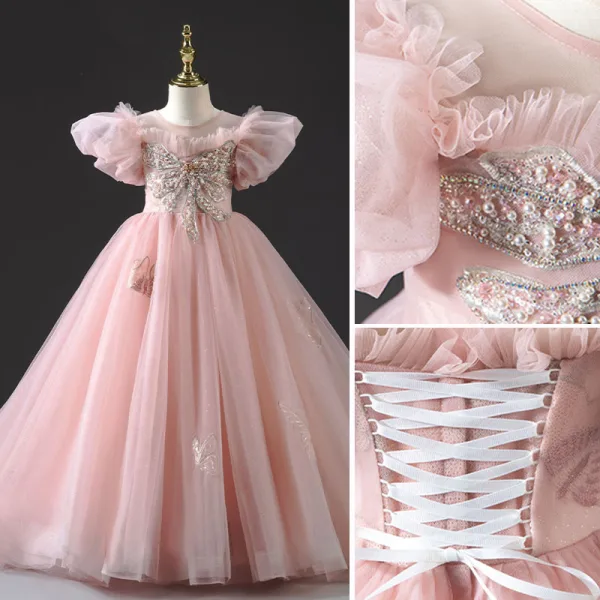 Chic / Beautiful Blushing Pink Beading Pearl Rhinestone Prom Flower Girl Dresses 2022 Ball Gown Ruffle Scoop Neck Puffy Short Sleeve Floor-Length / Long Flower Girl Dresses