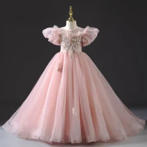 Chic Beautiful Blushing Pink Beading Pearl Rhinestone Prom Flower Girl Dresses 2022 Ball Gown Ruffle Scoop Neck Puffy Short Sleeve Floor Length Long Flower Girl Dresses
