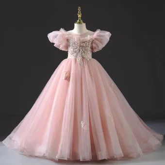 Chic Belle Rougissant Rose Perlage Perle Faux Diamant Promo Robe Ceremonie Fille 2022 Robe Boule Volants Encolure Dégagée Gonflée Manches Courtes Longue Robe Ceremonie Fille