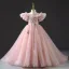 Chic / Beautiful Blushing Pink Beading Pearl Rhinestone Prom Flower Girl Dresses 2022 Ball Gown Ruffle Scoop Neck Puffy Short Sleeve Floor-Length / Long Flower Girl Dresses