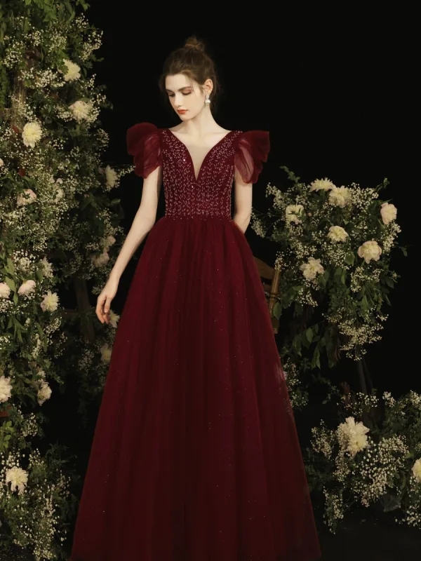 Chic / Beautiful Burgundy Beading Sequins Prom Dresses 2022 A-Line / Princess V-Neck Puffy Short Sleeve Backless Floor-Length / Long Formal Dresses