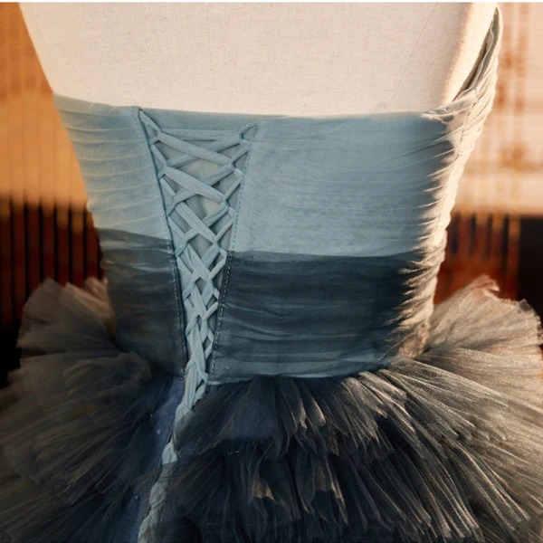 Fashion Ink Blue Cascading Ruffles Prom Dresses 2023 Ball Gown Strapless Sleeveless Backless Sweep Train Prom Formal Dresses