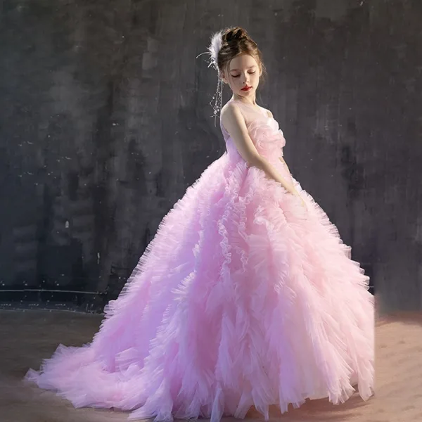 Lovely Candy Pink Cascading Ruffles Birthday Flower Girl Dresses 2025 Ball Gown Scoop Neck Sleeveless Backless Floor-Length / Long