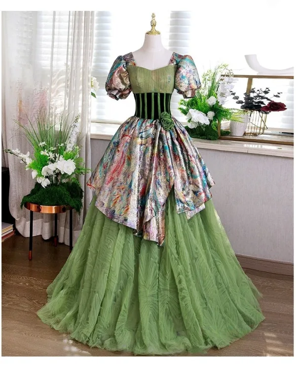 Elegante Salbeigrün Ballkleid Ballkleider 2025 Eckiger Ausschnitt Geschwollenes Kurze Ärmel Rückenfreies Lange Ball Festliche Kleider