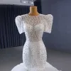 High-end White Handmade  Beading Pearl Sequins Wedding Dresses 2023 Trumpet / Mermaid Scoop Neck Short Sleeve Court Train Wedding