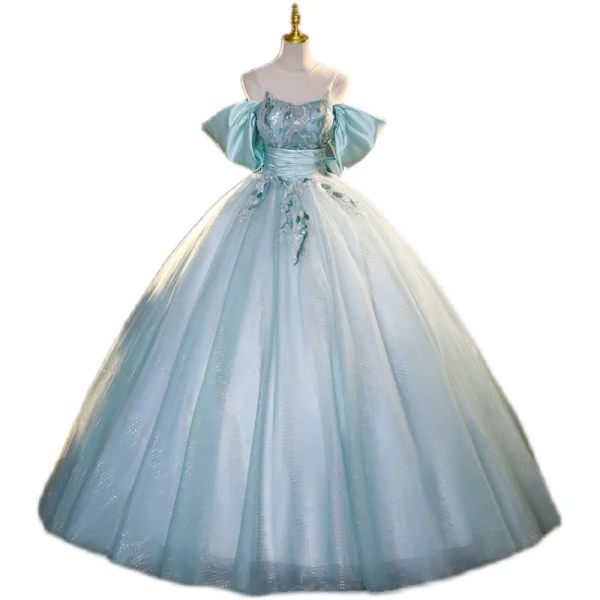 Elegant Sky Blue Beading Sequins Prom Dresses 2023 Ball Gown Scoop Neck Short Sleeve Backless Bow Floor-Length / Long Prom Formal Dresses