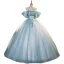 Elegant Sky Blue Beading Sequins Prom Dresses 2023 Ball Gown Scoop Neck Short Sleeve Backless Bow Floor-Length / Long Prom Formal Dresses