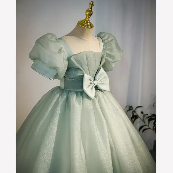 Chic / Beautiful Sage Green Sequins Birthday Flower Girl Dresses 2022 Ball Gown Square Neckline Bow Puffy Short Sleeve Backless Floor-Length / Long Flower Girl Dresses