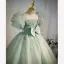 Chic / Beautiful Sage Green Sequins Birthday Flower Girl Dresses 2022 Ball Gown Square Neckline Bow Puffy Short Sleeve Backless Floor-Length / Long Flower Girl Dresses