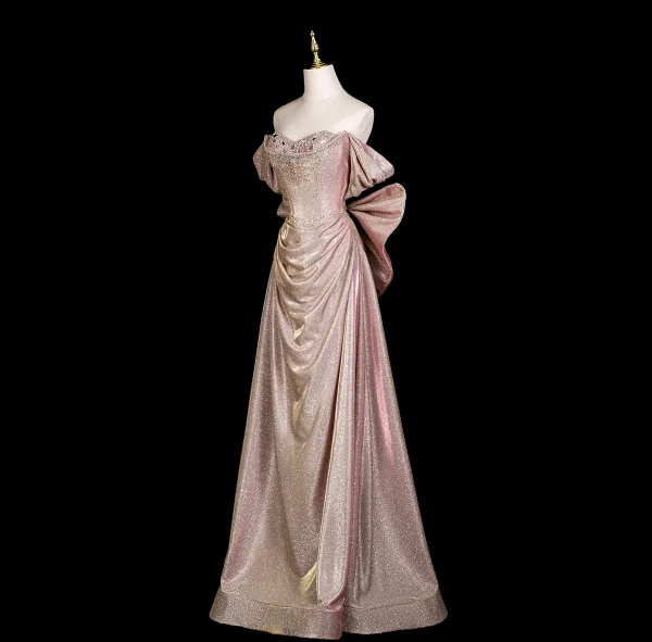 Sexy Rougissant Rose Faux Diamant Paillettes Robe De Soirée 2025 Trompette / Sirène De l'épaule Manches Courtes Dos Nu Noeud Longue Robe De Ceremonie