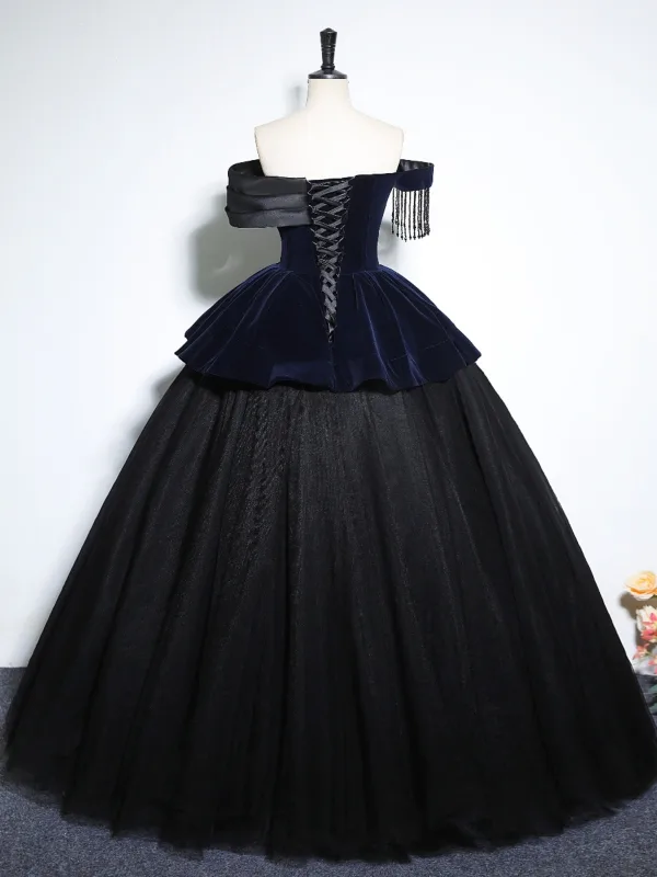 Vintage / Retro Navy Blue Beading Tassel Velvet Prom Dresses 2025 Ball Gown Off-The-Shoulder Short Sleeve Backless Floor-Length / Long Prom Formal Dresses