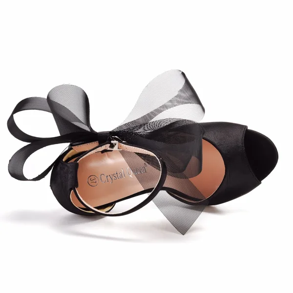 Sexy Noire Bride Cheville Noeud Soirée Sandales Femme 2022 Satin 11 cm Talons Aiguilles Peep Toes / Bout Ouvert Sandales Talons Hauts